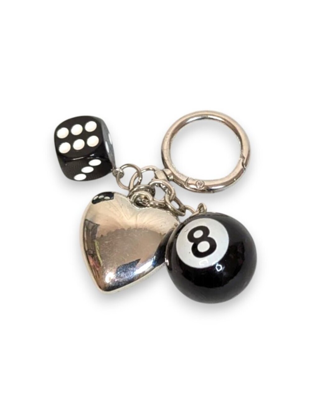 Silver And Black 8 Ball Heart And Dice Keychain Bag Charm Accessory